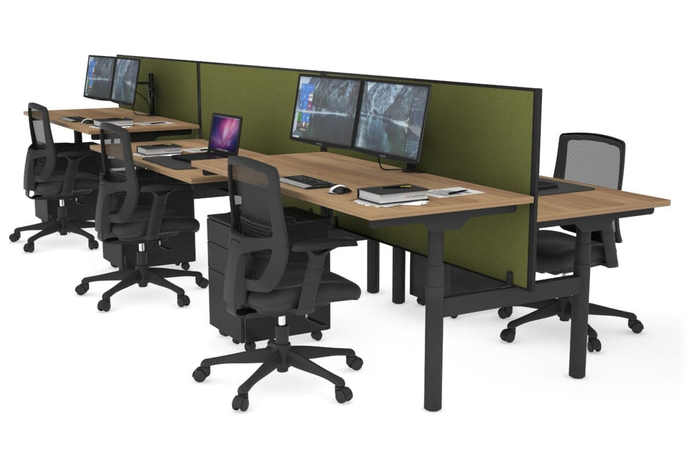Flexi Premium Height Adjustable 6 Person H-Bench Workstation - Black Frame [1200L x 700W]-salvage oak green moss (820H x 1200W) none