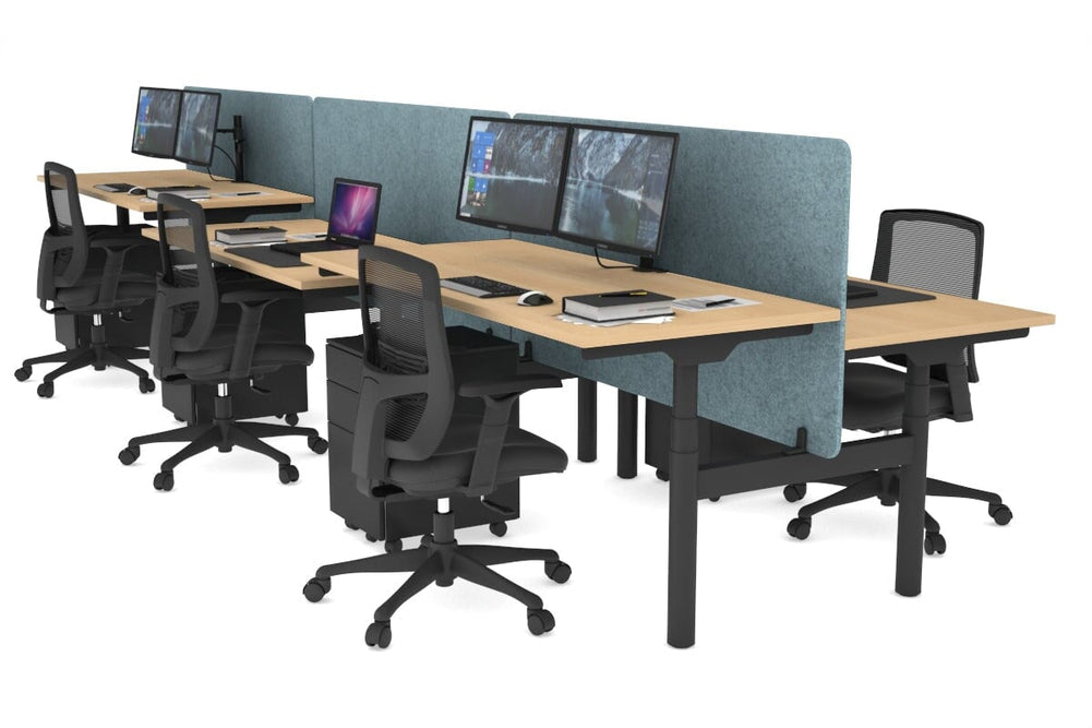 Flexi Premium Height Adjustable 6 Person H-Bench Workstation - Black Frame [1200L x 700W]-maple blue acoustic panel (820H x 1200W) none