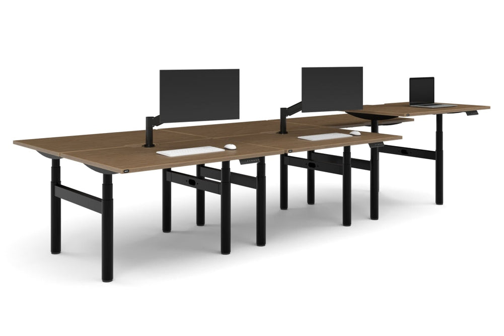 Flexi Premium Height Adjustable 6 Person H-Bench Workstation - Black Frame [1200L x 800W with Cable Scallop]-salvage oak none none