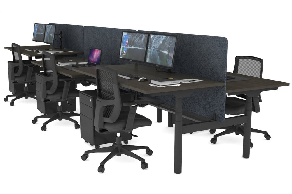 Flexi Premium Height Adjustable 6 Person H-Bench Workstation - Black Frame [1200L x 800W with Cable Scallop]-dark oak dark grey acoustic panel (820H x 1200W) black cable tray