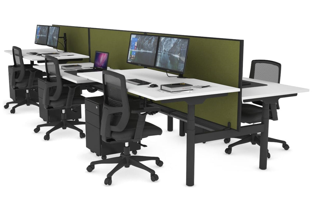 Flexi Premium Height Adjustable 6 Person H-Bench Workstation - Black Frame [1200L x 800W with Cable Scallop]-white green moss (820H x 1200W) black cable tray