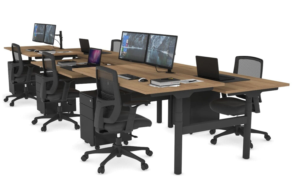 Flexi Premium Height Adjustable 6 Person H-Bench Workstation - Black Frame [1200L x 800W with Cable Scallop]-salvage oak none none