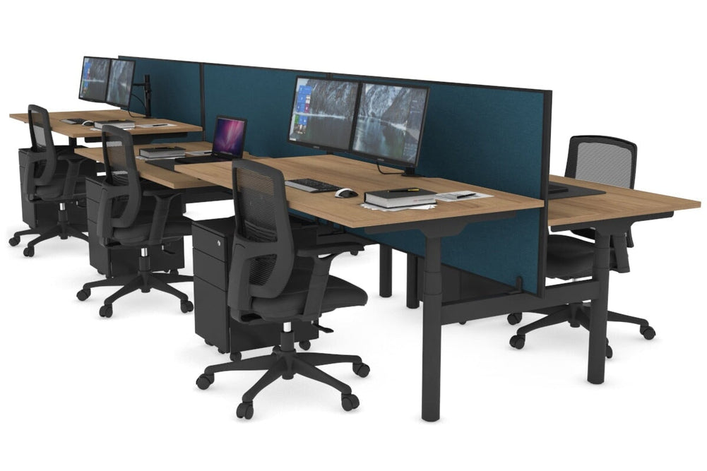 Flexi Premium Height Adjustable 6 Person H-Bench Workstation - Black Frame [1200L x 800W with Cable Scallop]-salvage oak deep blue (820H x 1200W) none