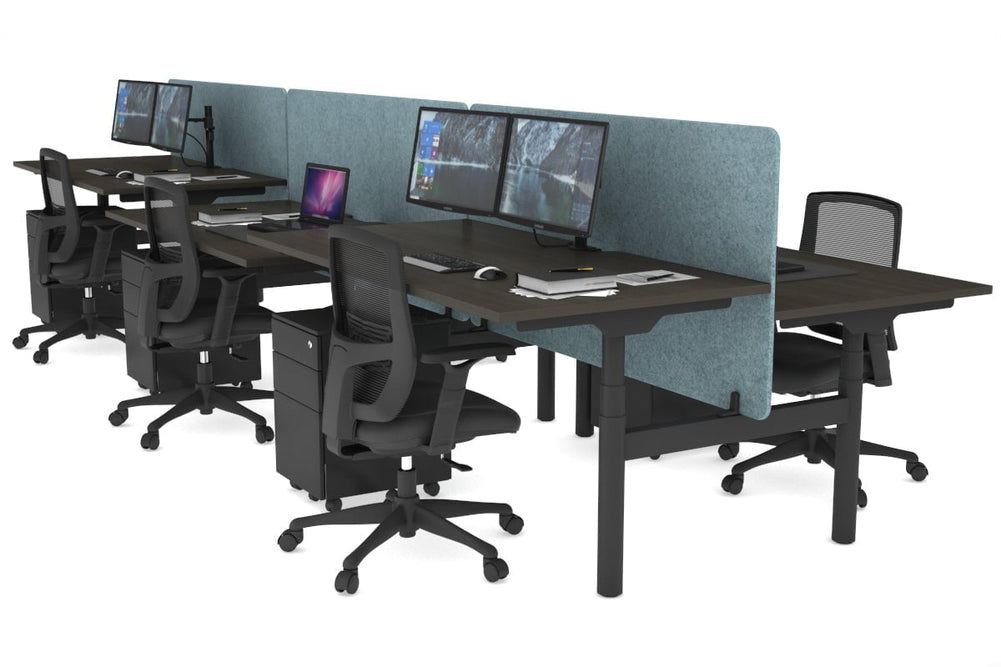 Flexi Premium Height Adjustable 6 Person H-Bench Workstation - Black Frame [1200L x 800W with Cable Scallop]-dark oak blue acoustic panel (820H x 1200W) none
