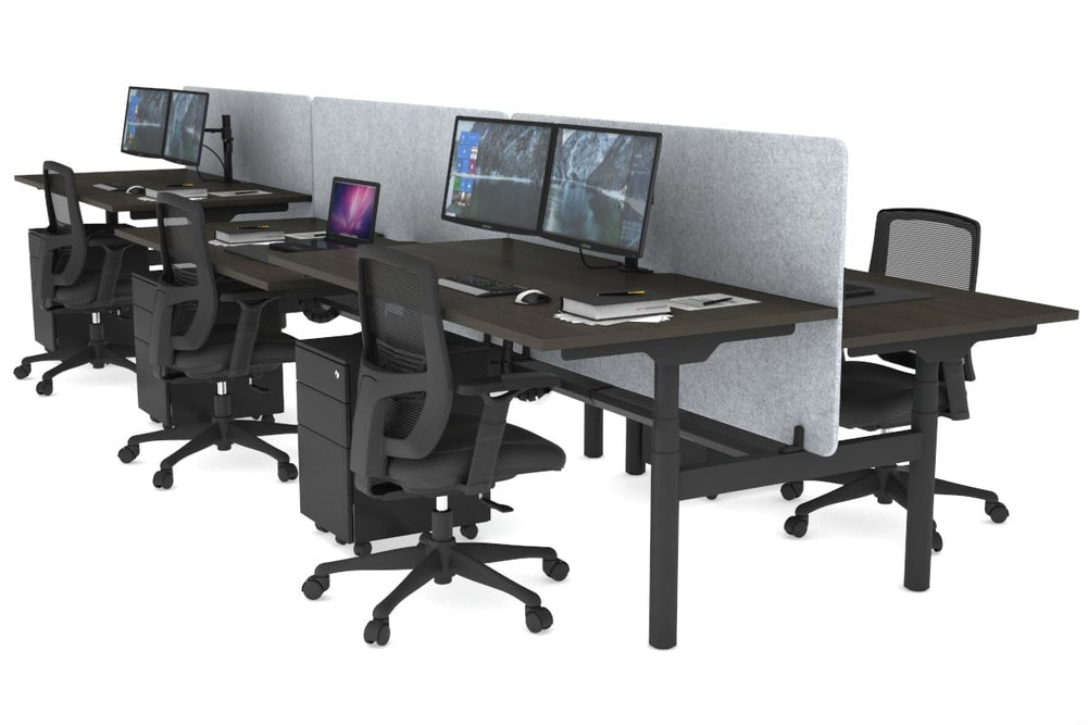 Flexi Premium Height Adjustable 6 Person H-Bench Workstation - Black Frame [1200L x 800W with Cable Scallop]-dark oak light grey acoustic panel (820H x 1200W) black cable tray