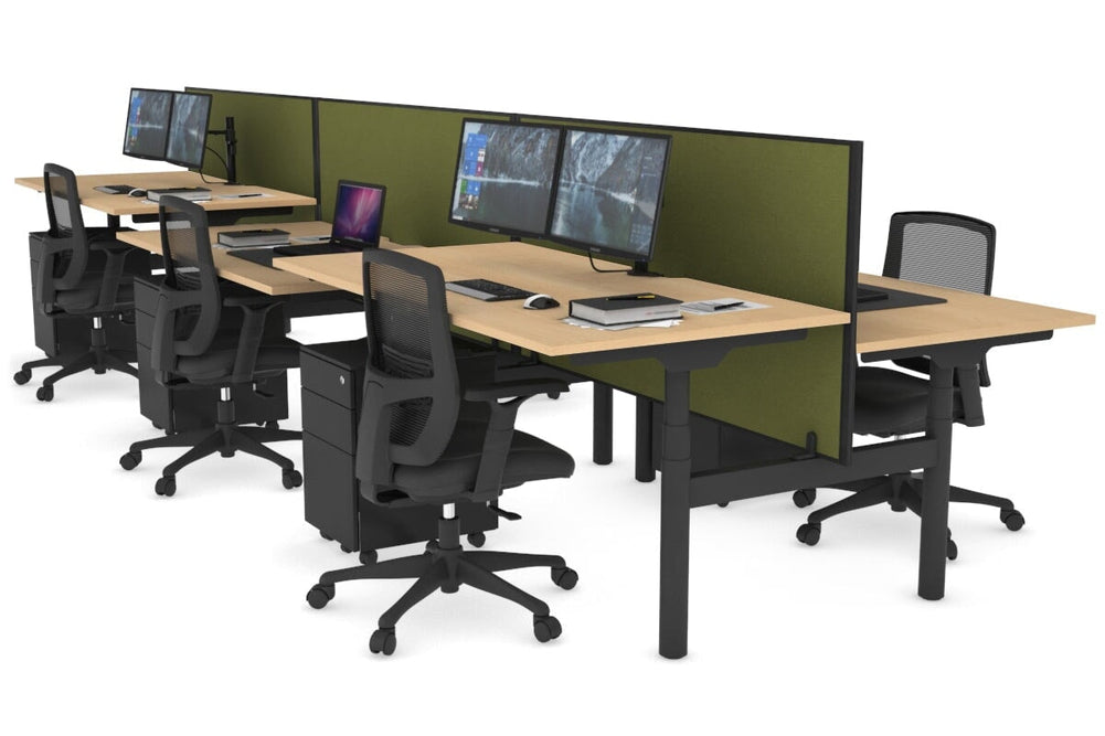 Flexi Premium Height Adjustable 6 Person H-Bench Workstation - Black Frame [1200L x 800W with Cable Scallop]-maple green moss (820H x 1200W) none