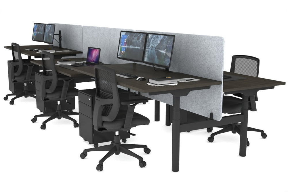 Flexi Premium Height Adjustable 6 Person H-Bench Workstation - Black Frame [1200L x 800W with Cable Scallop]-dark oak light grey acoustic panel (820H x 1200W) none