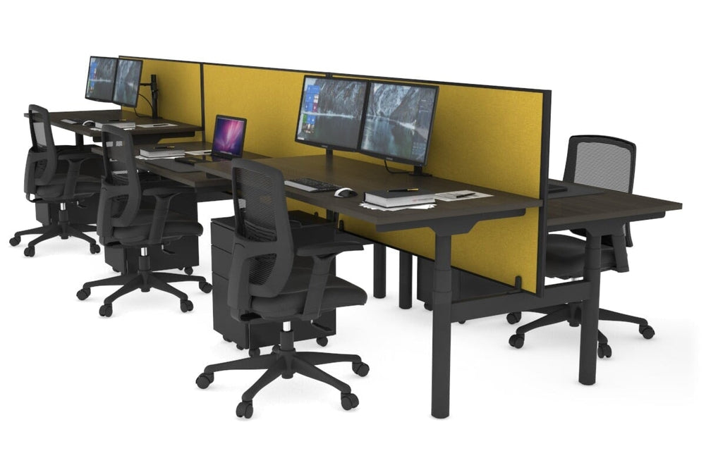 Flexi Premium Height Adjustable 6 Person H-Bench Workstation - Black Frame [1400L x 700W]-dark oak mustard yellow (820H x 1400W) none