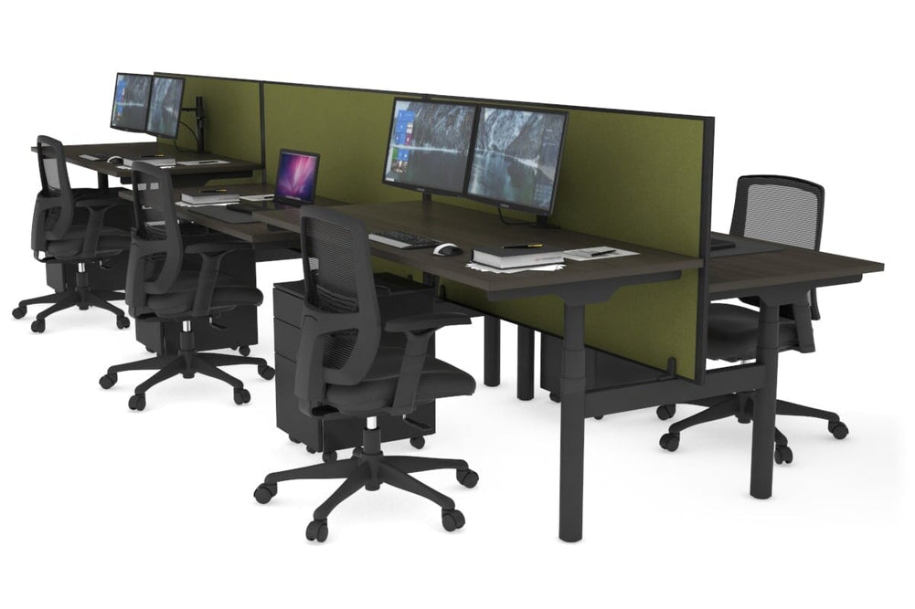 Flexi Premium Height Adjustable 6 Person H-Bench Workstation - Black Frame [1400L x 700W]-dark oak green moss (820H x 1400W) none