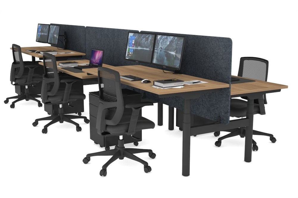 Flexi Premium Height Adjustable 6 Person H-Bench Workstation - Black Frame [1400L x 700W]-salvage oak dark grey acoustic panel (820H x 1400W) none