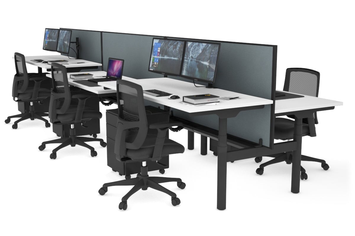 Flexi Premium Height Adjustable 6 Person H-Bench Workstation - Black Frame [1400L x 700W] Jasonl white cool grey (820H x 1400W) black cable tray