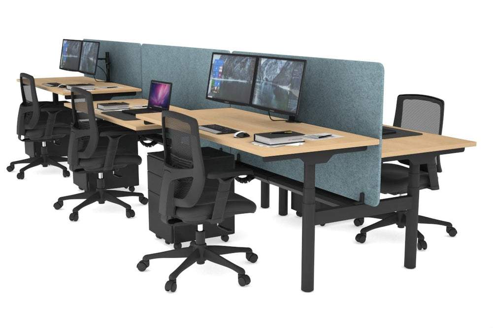 Flexi Premium Height Adjustable 6 Person H-Bench Workstation - Black Frame [1400L x 700W]-maple blue acoustic panel (820H x 1400W) black cable tray
