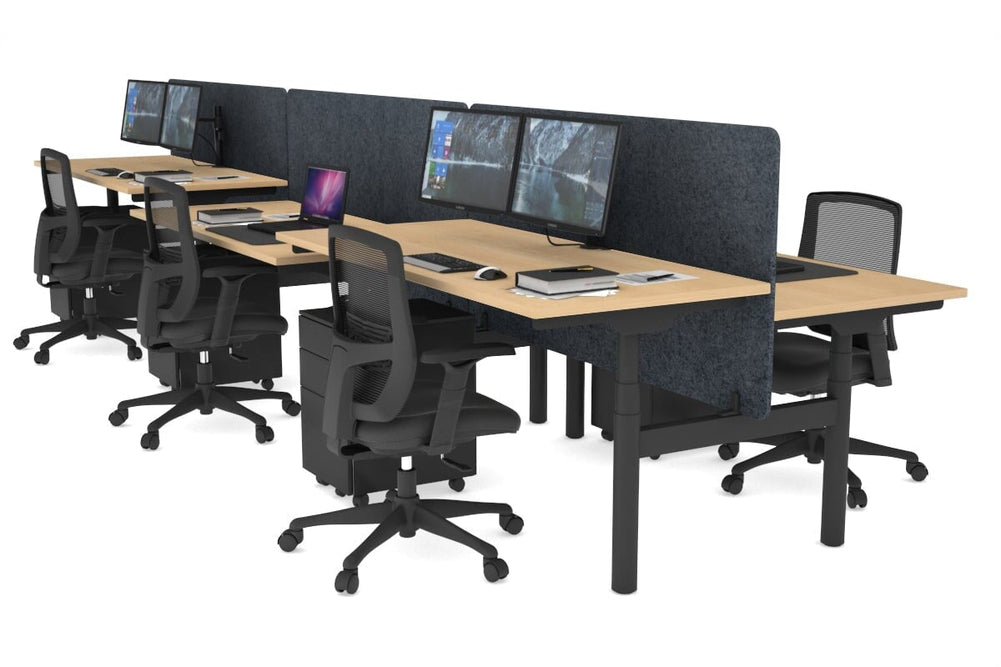 Flexi Premium Height Adjustable 6 Person H-Bench Workstation - Black Frame [1400L x 700W]-maple dark grey acoustic panel (820H x 1400W) none