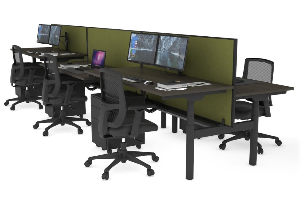 Flexi Premium Height Adjustable 6 Person H-Bench Workstation - Black Frame [1400L x 700W]-dark oak green moss (820H x 1400W) black cable tray