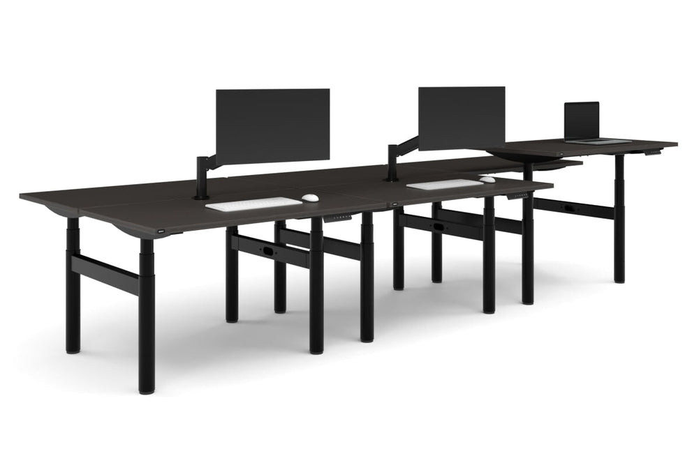 Flexi Premium Height Adjustable 6 Person H-Bench Workstation - Black Frame [1400L x 700W]-dark oak none none