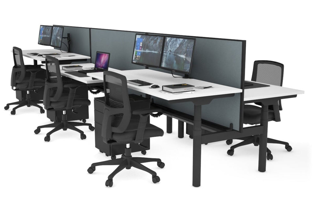 Flexi Premium Height Adjustable 6 Person H-Bench Workstation - Black Frame [1400L x 700W]-white cool grey (820H x 1400W) black cable tray