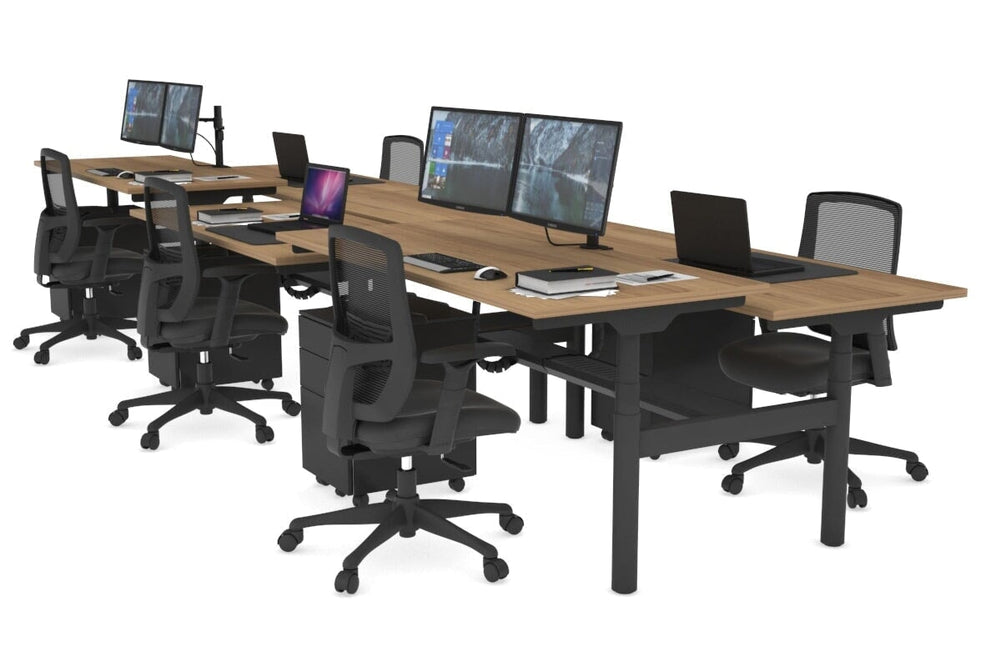 Flexi Premium Height Adjustable 6 Person H-Bench Workstation - Black Frame [1400L x 700W]-salvage oak none black cable tray