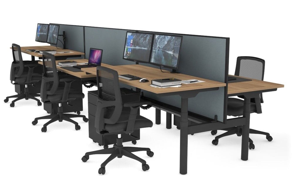 Flexi Premium Height Adjustable 6 Person H-Bench Workstation - Black Frame [1400L x 700W]-salvage oak cool grey (820H x 1400W) black cable tray