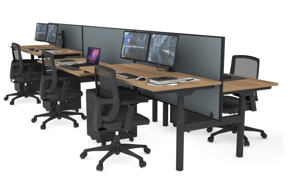 Flexi Premium Height Adjustable 6 Person H-Bench Workstation - Black Frame [1400L x 700W]-salvage oak cool grey (820H x 1400W) none