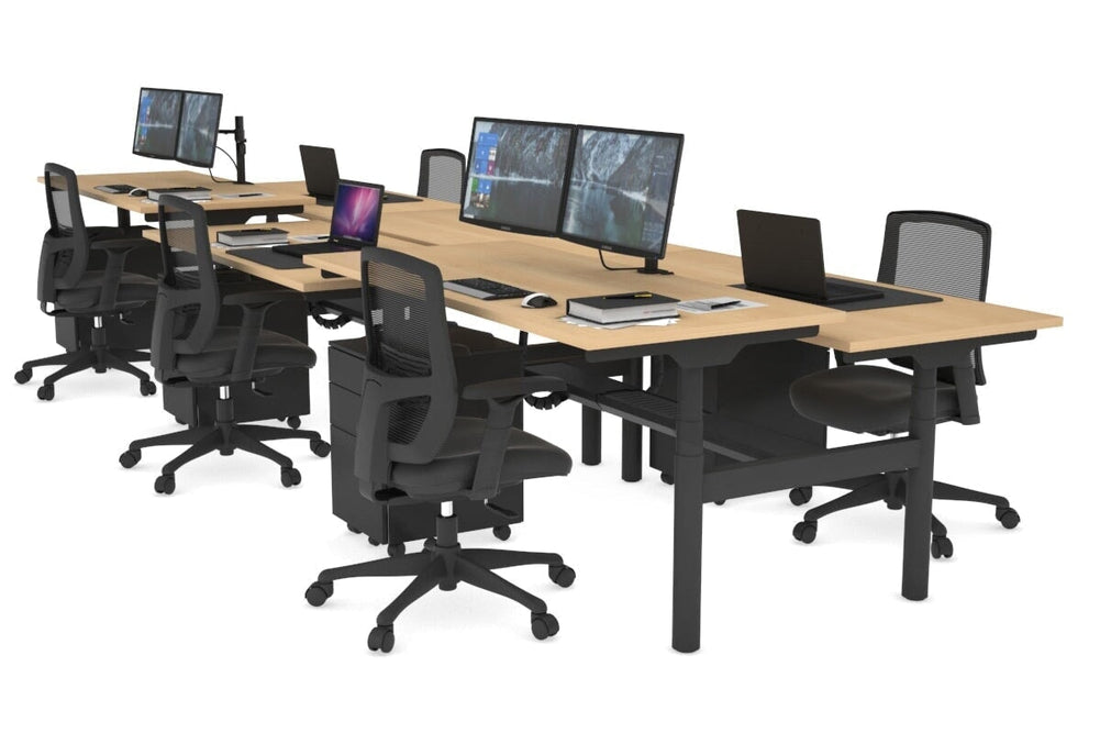 Flexi Premium Height Adjustable 6 Person H-Bench Workstation - Black Frame [1400L x 700W]-maple none black cable tray