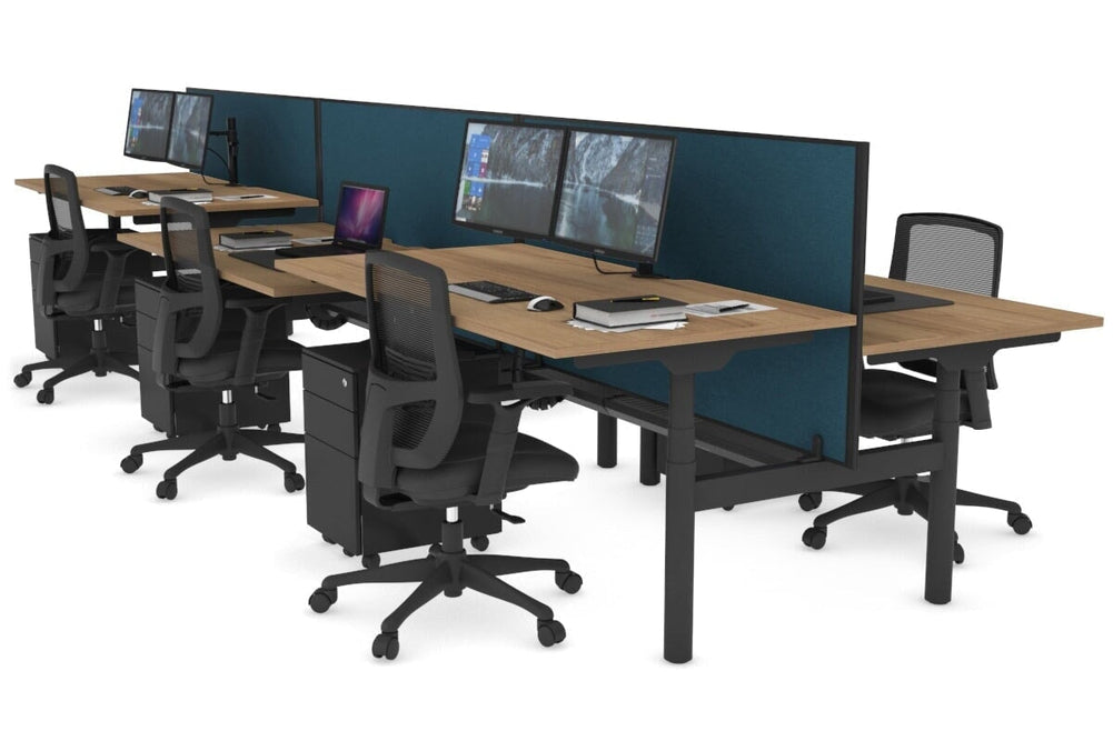 Flexi Premium Height Adjustable 6 Person H-Bench Workstation - Black Frame [1400L x 800W with Cable Scallop]-salvage oak deep blue (820H x 1400W) black cable tray