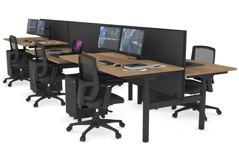 Flexi Premium Height Adjustable 6 Person H-Bench Workstation - Black Frame [1400L x 800W with Cable Scallop]-salvage oak moody charchoal (820H x 1400W) none