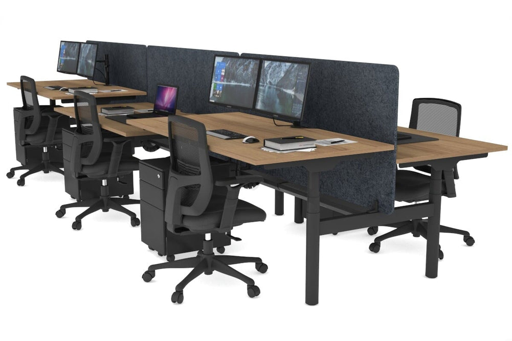 Flexi Premium Height Adjustable 6 Person H-Bench Workstation - Black Frame [1400L x 800W with Cable Scallop]-salvage oak dark grey acoustic panel (820H x 1400W) black cable tray