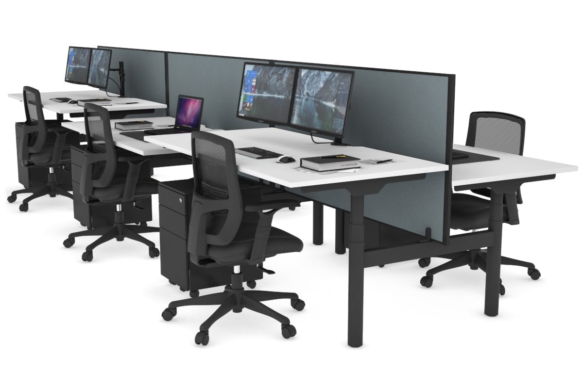 Flexi Premium Height Adjustable 6 Person H-Bench Workstation - Black Frame [1400L x 800W with Cable Scallop] Jasonl white cool grey (820H x 1400W) none