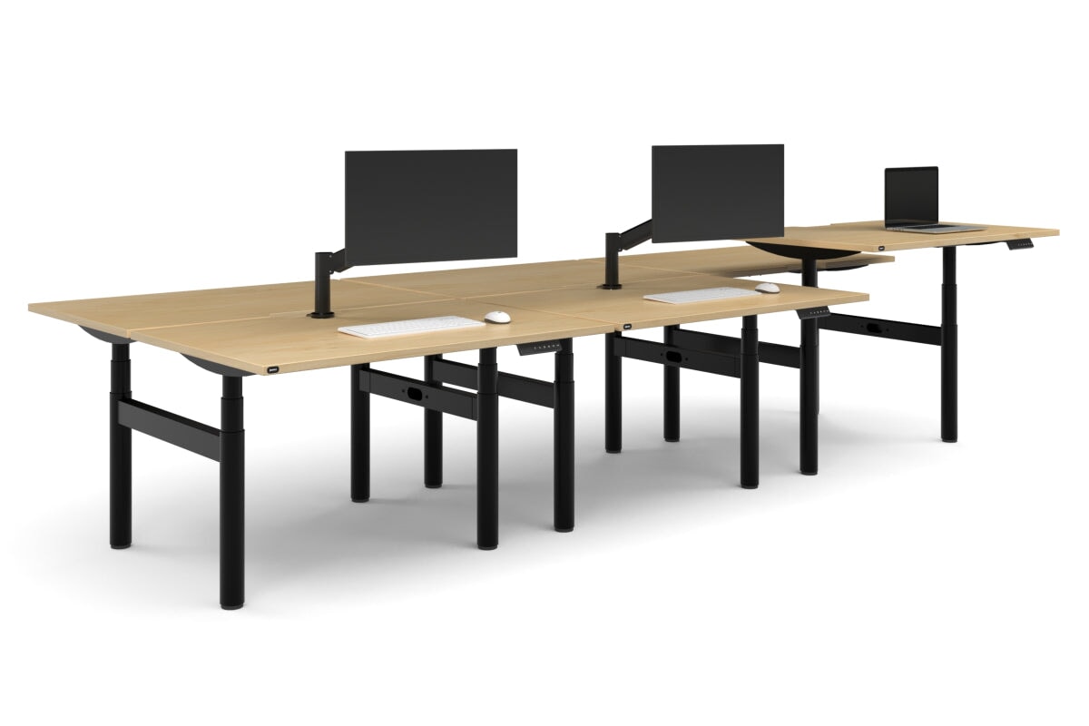 Flexi Premium Height Adjustable 6 Person H-Bench Workstation - Black Frame [1400L x 800W with Cable Scallop]-maple none none