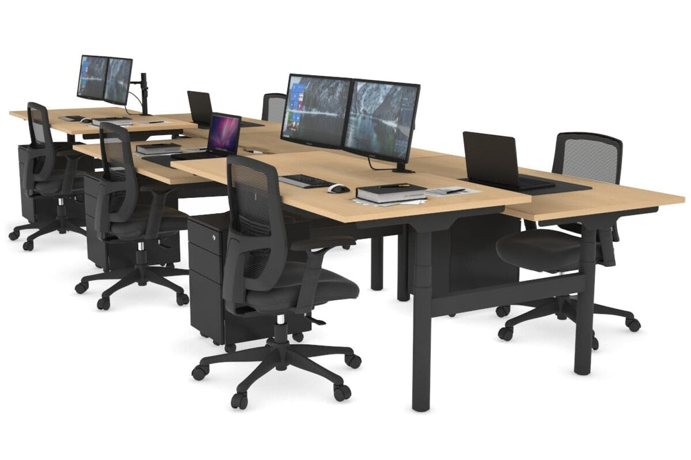 Flexi Premium Height Adjustable 6 Person H-Bench Workstation - Black Frame [1400L x 800W with Cable Scallop]-maple none none