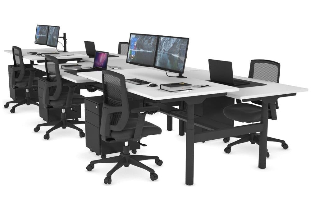 Flexi Premium Height Adjustable 6 Person H-Bench Workstation - Black Frame [1400L x 800W with Cable Scallop]-white none black cable tray