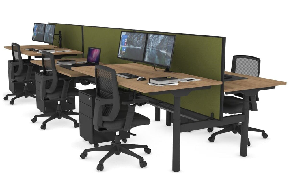 Flexi Premium Height Adjustable 6 Person H-Bench Workstation - Black Frame [1400L x 800W with Cable Scallop]-salvage oak green moss (820H x 1400W) black cable tray
