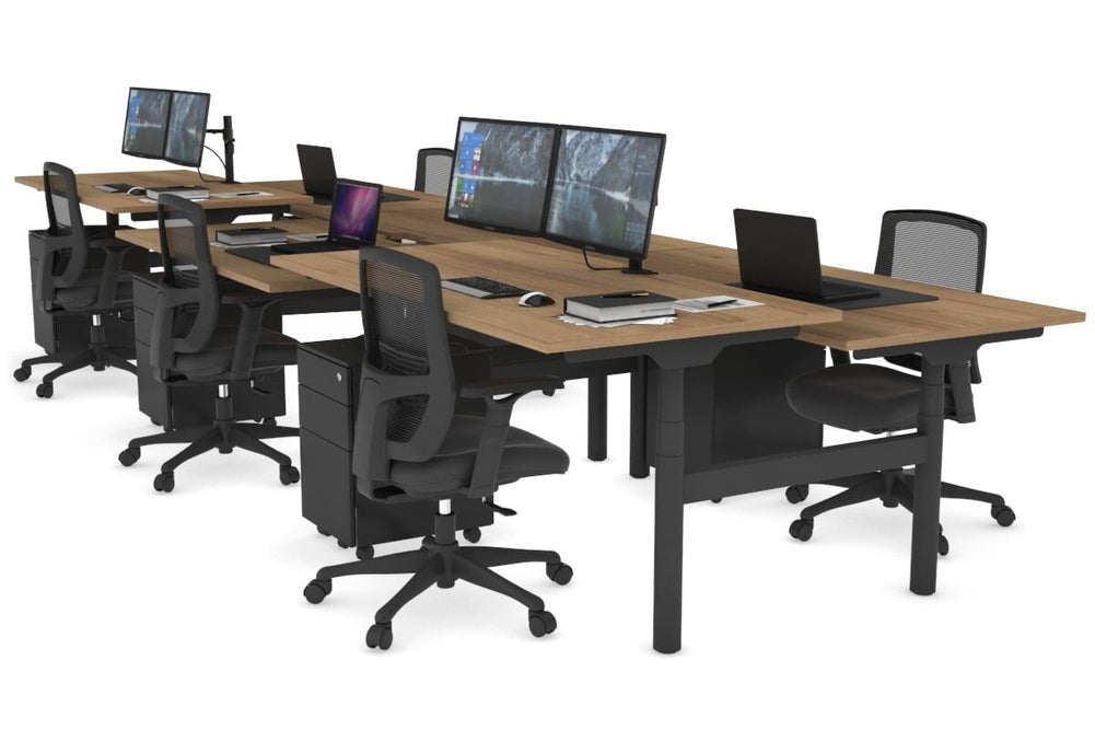 Flexi Premium Height Adjustable 6 Person H-Bench Workstation - Black Frame [1400L x 800W with Cable Scallop]-salvage oak none none