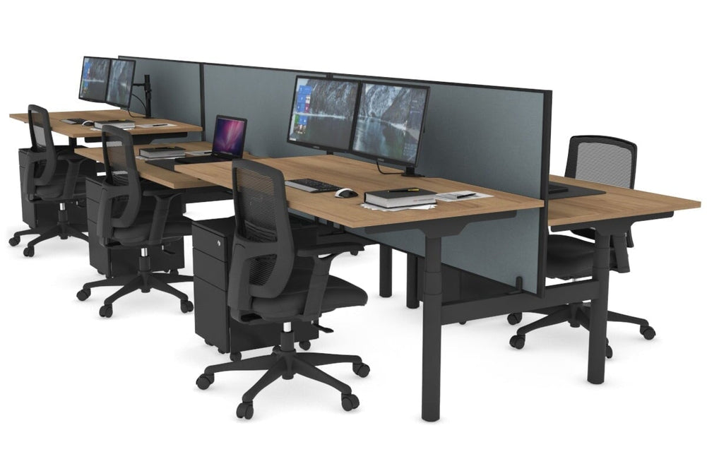 Flexi Premium Height Adjustable 6 Person H-Bench Workstation - Black Frame [1400L x 800W with Cable Scallop]-salvage oak cool grey (820H x 1400W) none