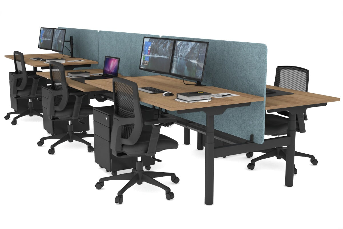 Flexi Premium Height Adjustable 6 Person H-Bench Workstation - Black Frame [1400L x 800W with Cable Scallop] Jasonl salvage oak blue echo panel (820H x 1400W) black cable tray