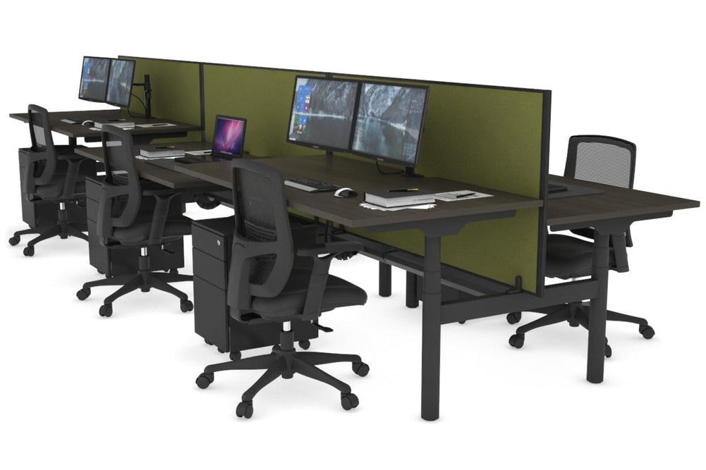Flexi Premium Height Adjustable 6 Person H-Bench Workstation - Black Frame [1400L x 800W with Cable Scallop]-dark oak green moss (820H x 1400W) black cable tray