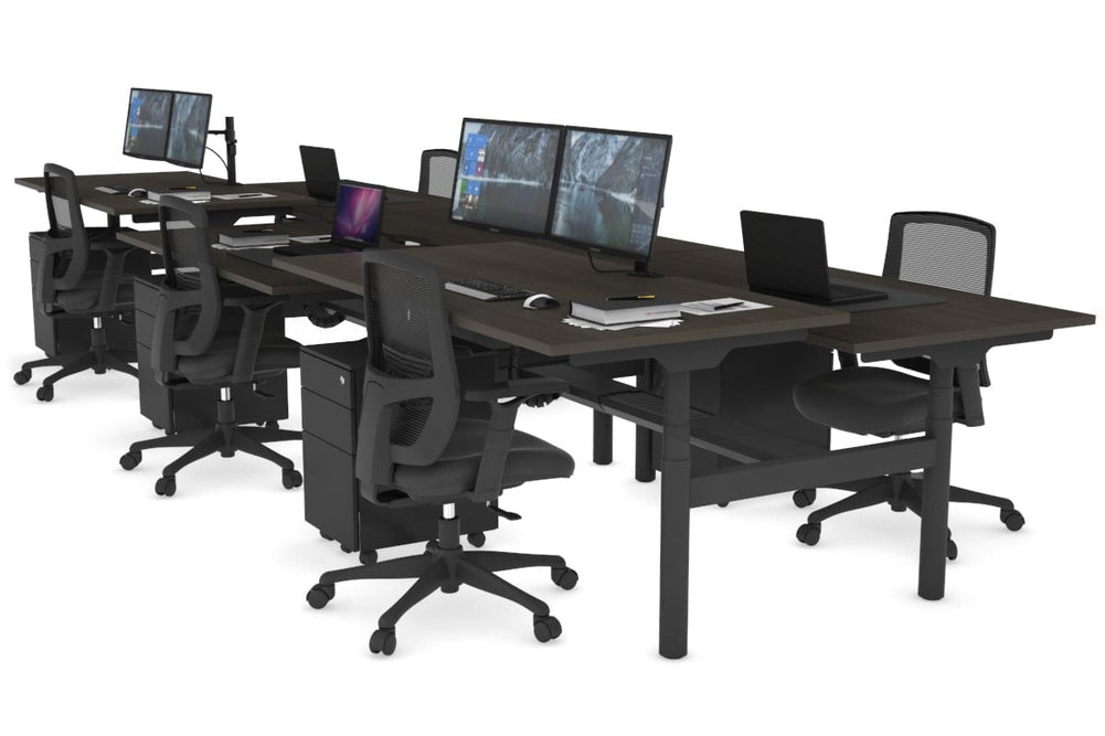Flexi Premium Height Adjustable 6 Person H-Bench Workstation - Black Frame [1400L x 800W with Cable Scallop]-dark oak none black cable tray