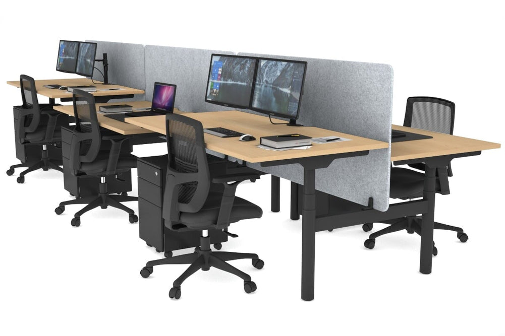 Flexi Premium Height Adjustable 6 Person H-Bench Workstation - Black Frame [1400L x 800W with Cable Scallop]-maple light grey acoustic panel (820H x 1400W) none