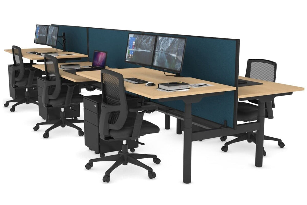 Flexi Premium Height Adjustable 6 Person H-Bench Workstation - Black Frame [1400L x 800W with Cable Scallop]-maple deep blue (820H x 1400W) black cable tray