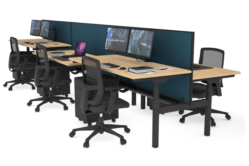 Flexi Premium Height Adjustable 6 Person H-Bench Workstation - Black Frame [1600L x 700W]-maple deep blue (820H x 1600W) black cable tray