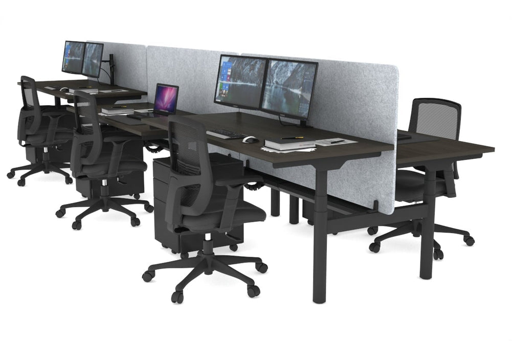 Flexi Premium Height Adjustable 6 Person H-Bench Workstation - Black Frame [1600L x 700W]-dark oak light grey acoustic panel (820H x 1600W) black cable tray