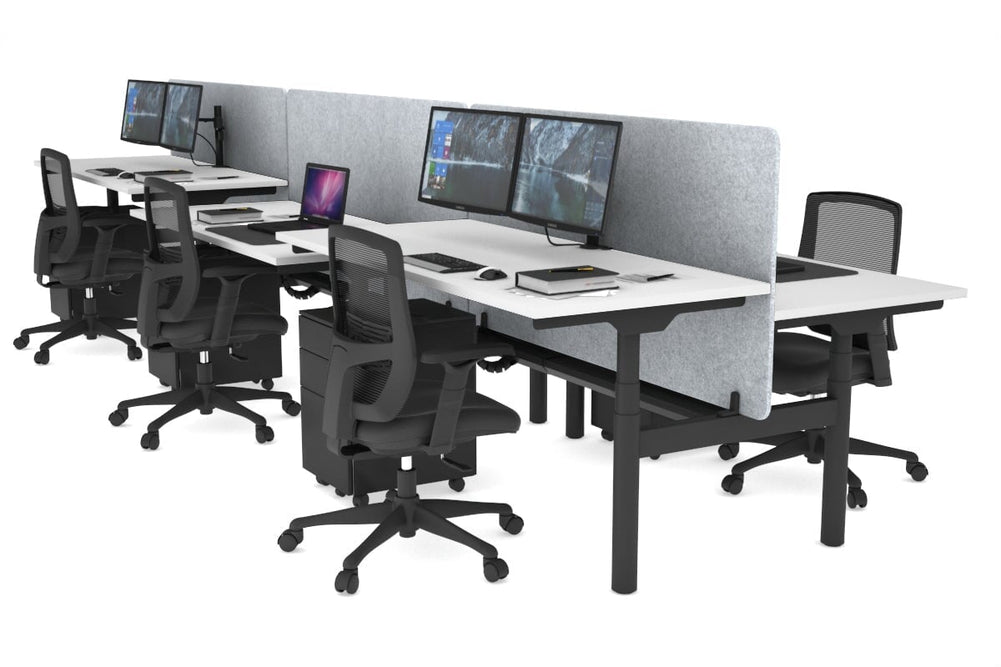 Flexi Premium Height Adjustable 6 Person H-Bench Workstation - Black Frame [1600L x 700W]-white light grey acoustic panel (820H x 1600W) black cable tray