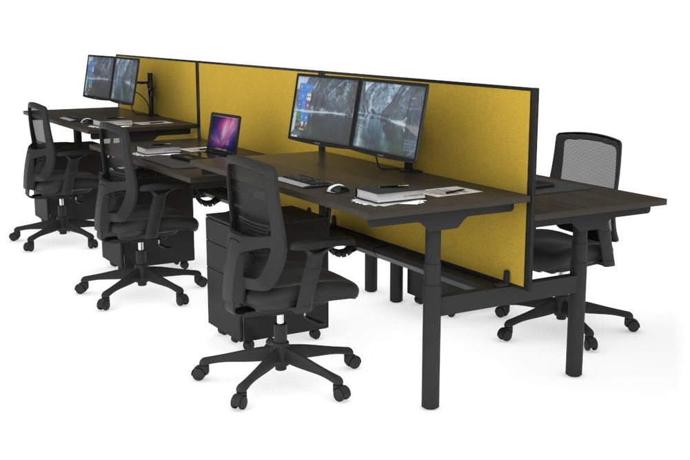 Flexi Premium Height Adjustable 6 Person H-Bench Workstation - Black Frame [1600L x 700W]-dark oak mustard yellow (820H x 1600W) black cable tray