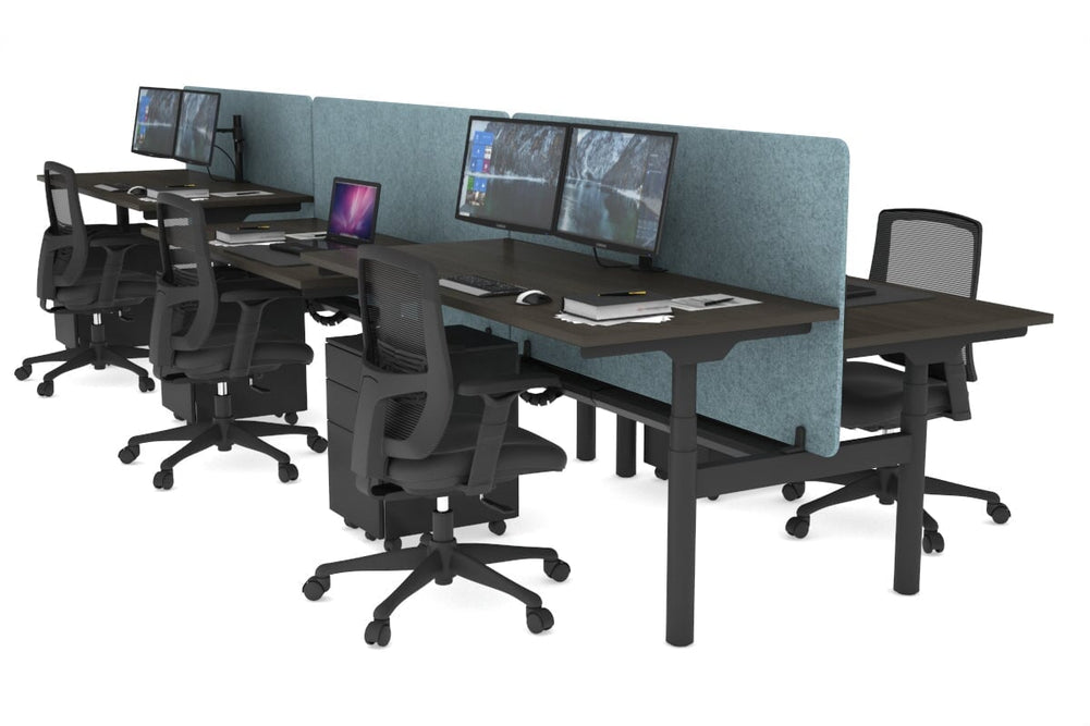 Flexi Premium Height Adjustable 6 Person H-Bench Workstation - Black Frame [1600L x 700W]-dark oak blue acoustic panel (820H x 1600W) black cable tray