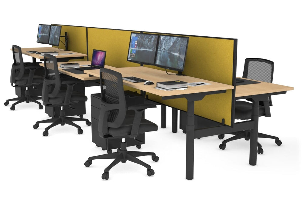 Flexi Premium Height Adjustable 6 Person H-Bench Workstation - Black Frame [1600L x 700W]-maple mustard yellow (820H x 1600W) none