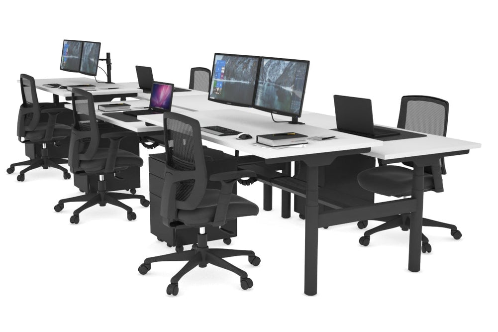 Flexi Premium Height Adjustable 6 Person H-Bench Workstation - Black Frame [1600L x 700W]-white none black cable tray