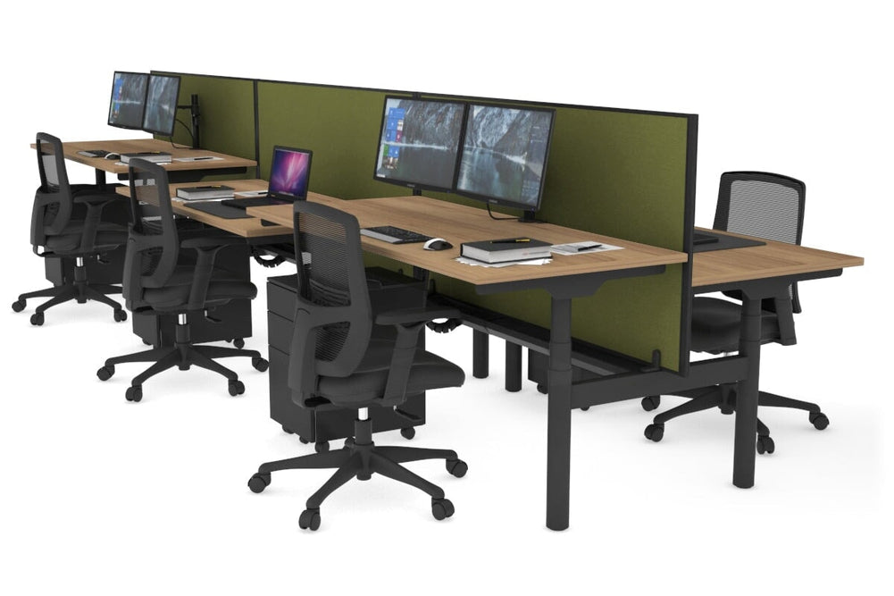 Flexi Premium Height Adjustable 6 Person H-Bench Workstation - Black Frame [1600L x 700W]-salvage oak green moss (820H x 1600W) black cable tray