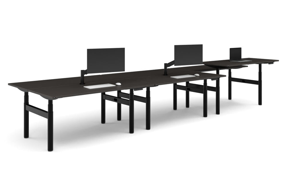 Flexi Premium Height Adjustable 6 Person H-Bench Workstation - Black Frame [1600L x 700W]-dark oak none none