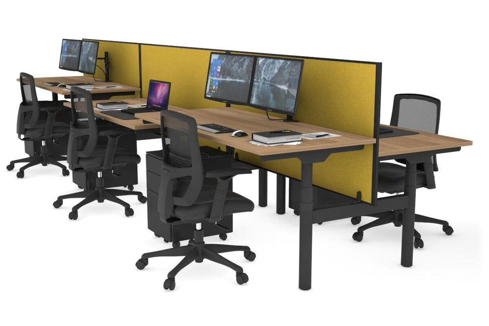 Flexi Premium Height Adjustable 6 Person H-Bench Workstation - Black Frame [1600L x 700W]-salvage oak mustard yellow (820H x 1600W) none