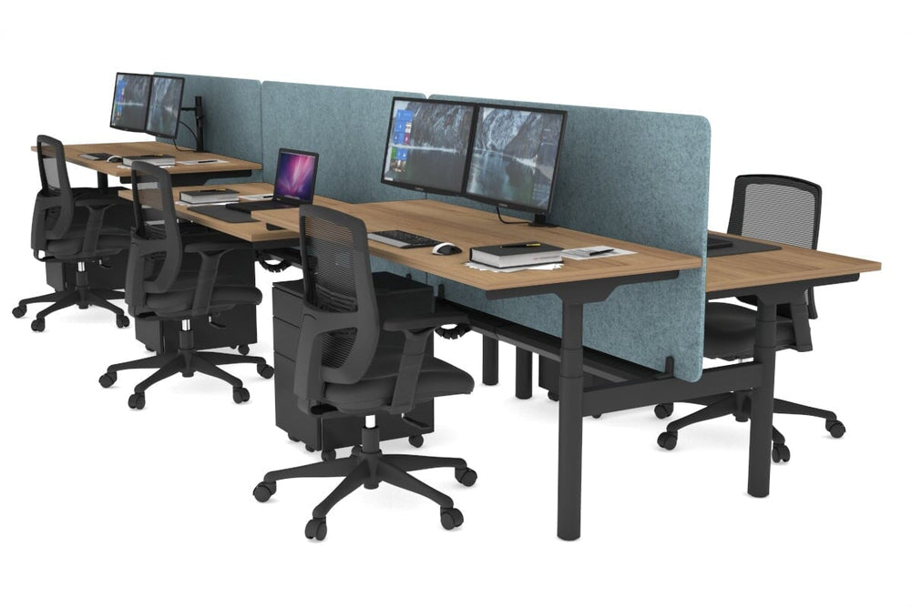 Flexi Premium Height Adjustable 6 Person H-Bench Workstation - Black Frame [1600L x 700W]-salvage oak blue acoustic panel (820H x 1600W) black cable tray